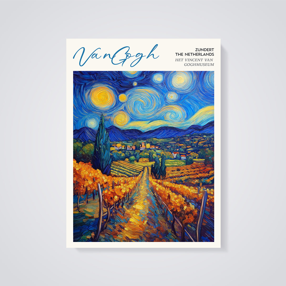 Van Gogh Autumn Vineyard Starry Sky Print unframed on a grey background