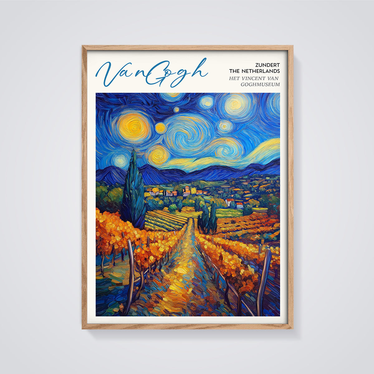 Van Gogh Autumn Vineyard Starry Sky Print framed in oak on a grey background