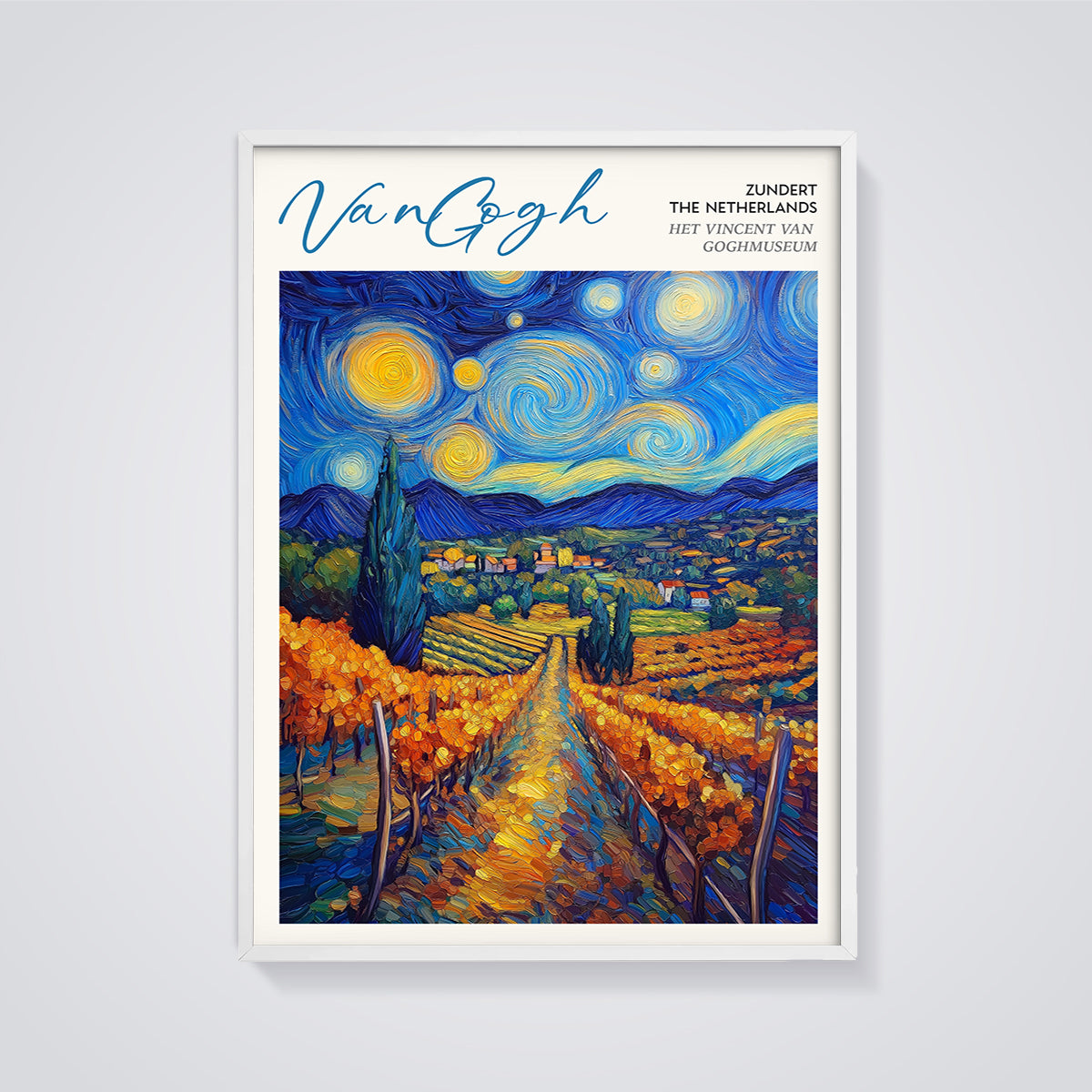 Van Gogh Autumn Vineyard Starry Sky Print framed in white on a grey background