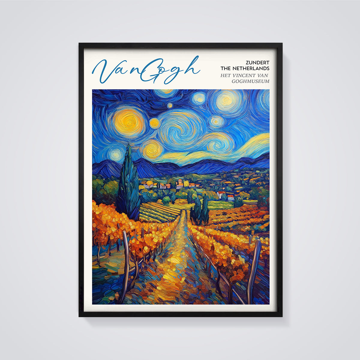 Van Gogh Autumn Vineyard Starry Sky Print framed in black on a grey background