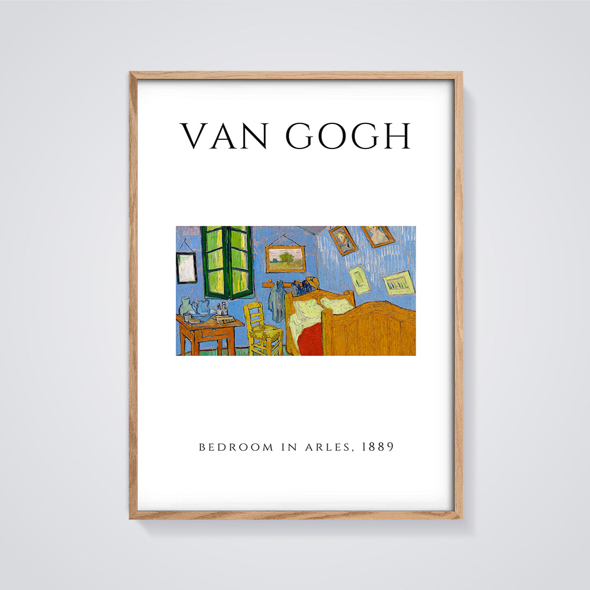 Van Gogh Bedroom in Arles 1889 Print framed in oak on a grey background
