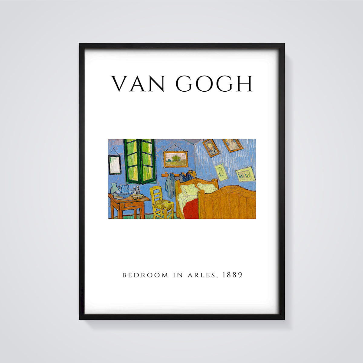 Van Gogh Bedroom in Arles 1889 Print framed in black on a grey background