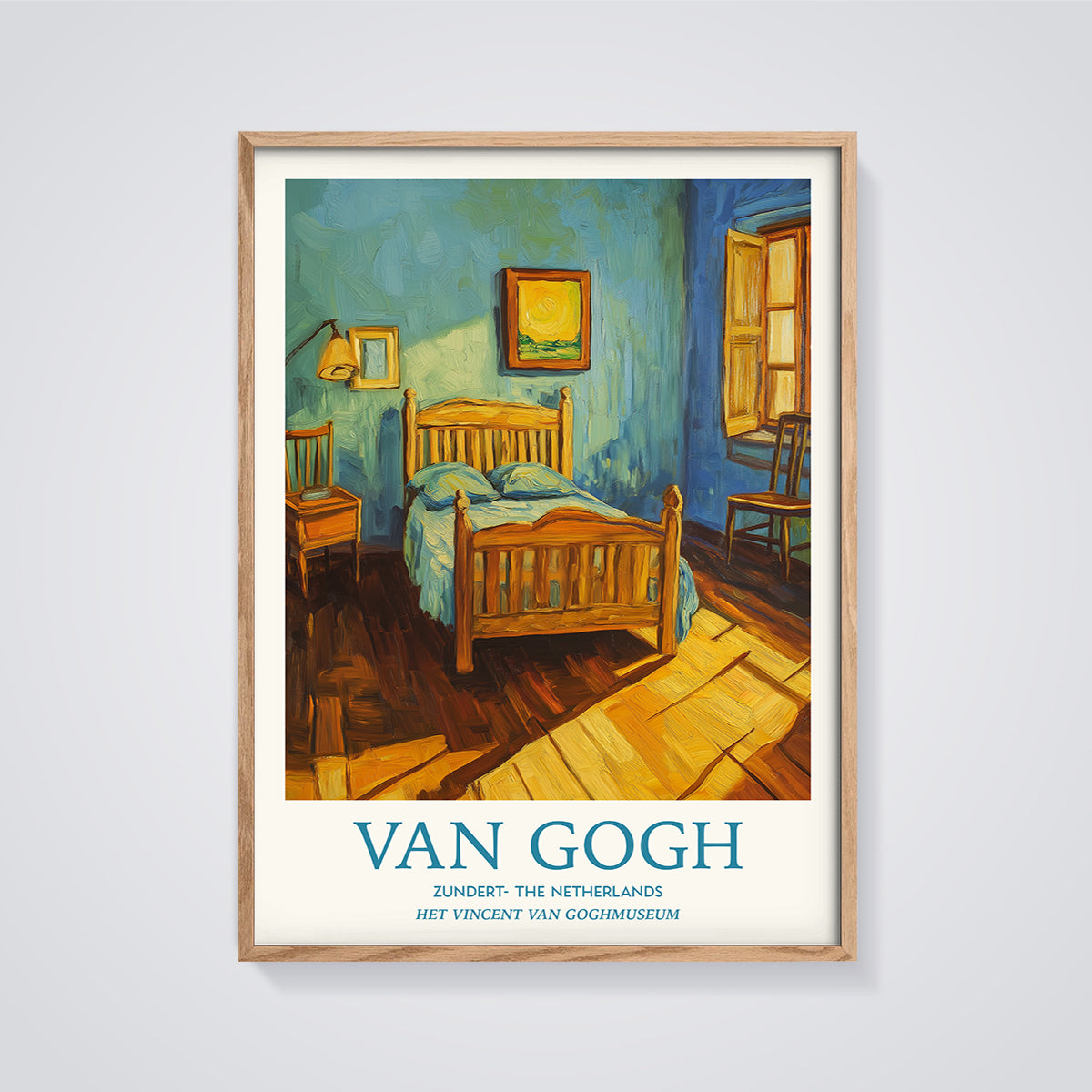 Van Gogh Bedroom in Arles Print framed in oak on a grey background