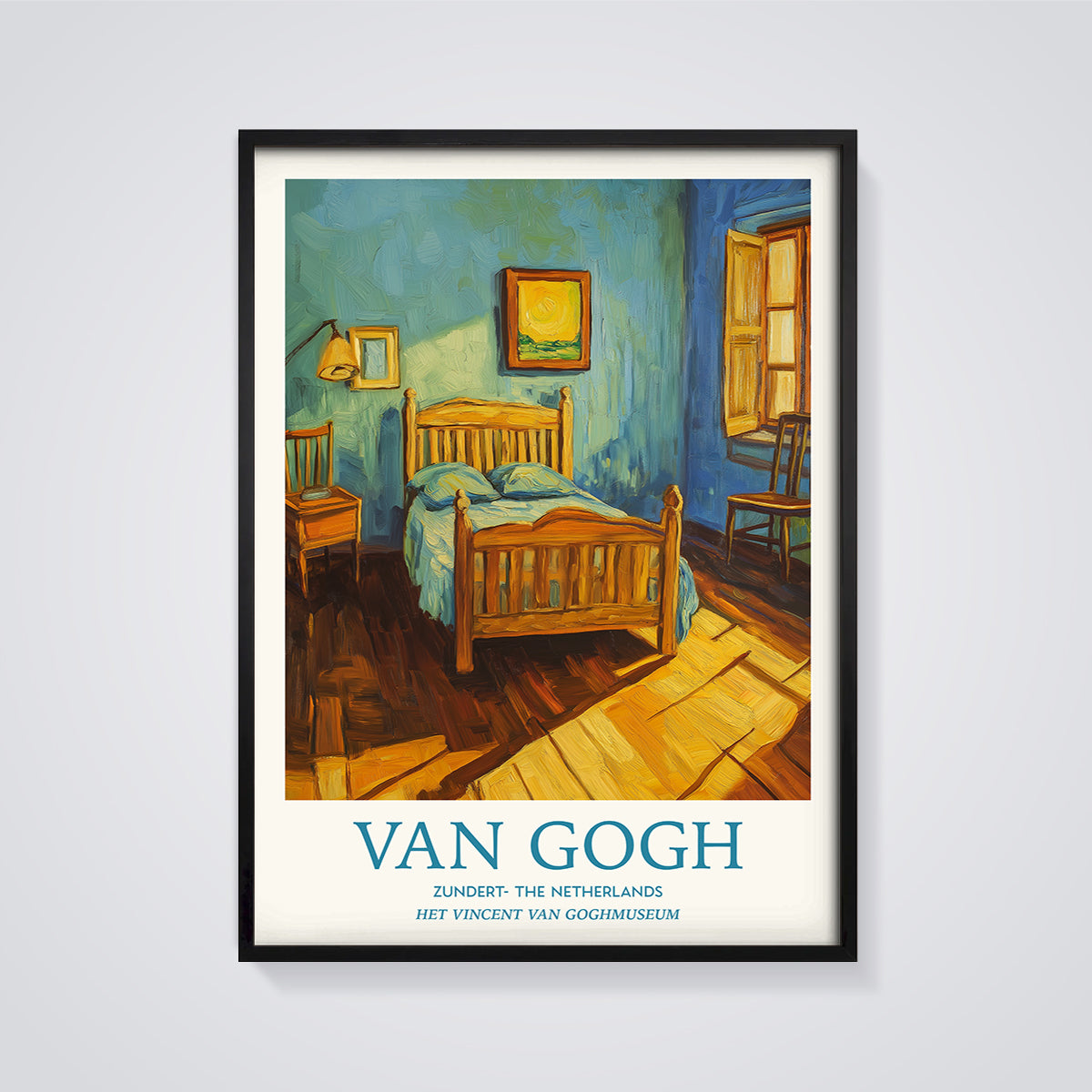 Van Gogh Bedroom in Arles Print framed in black on a grey background