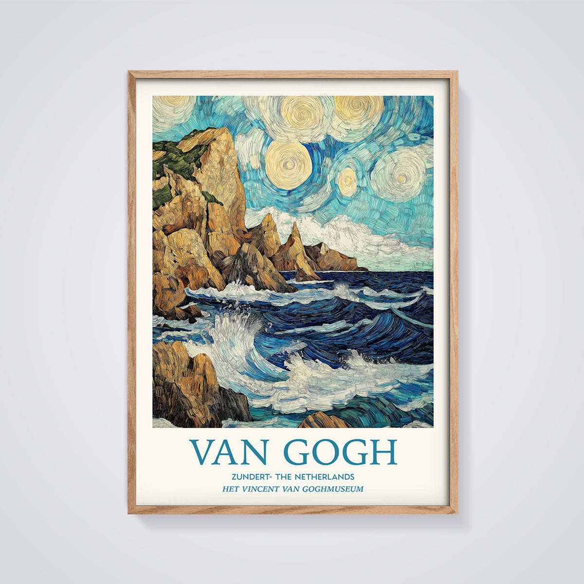 Van Gogh Coastline Waves Print framed in oak on a grey background
