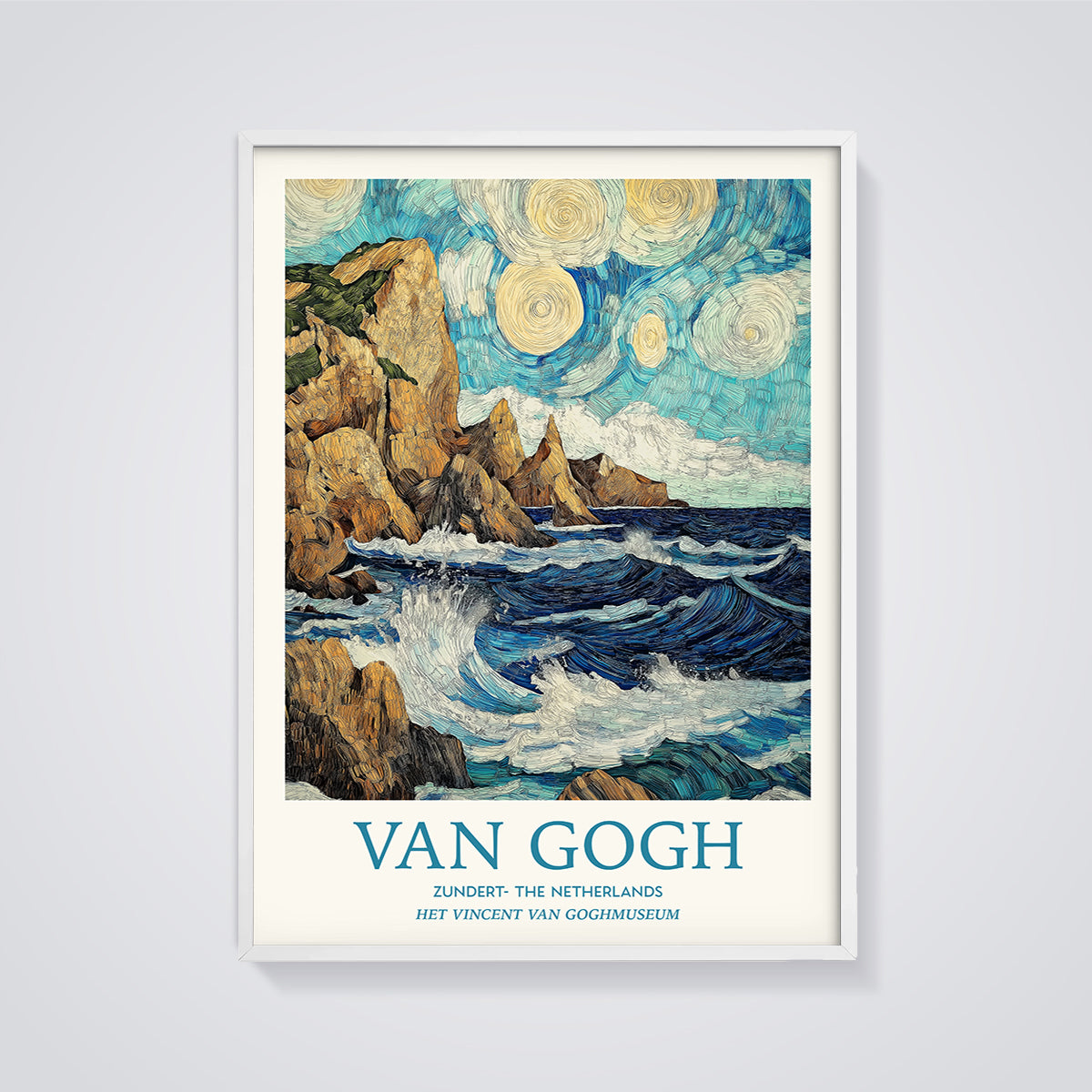 Van Gogh Coastline Waves Print framed in white on a grey background