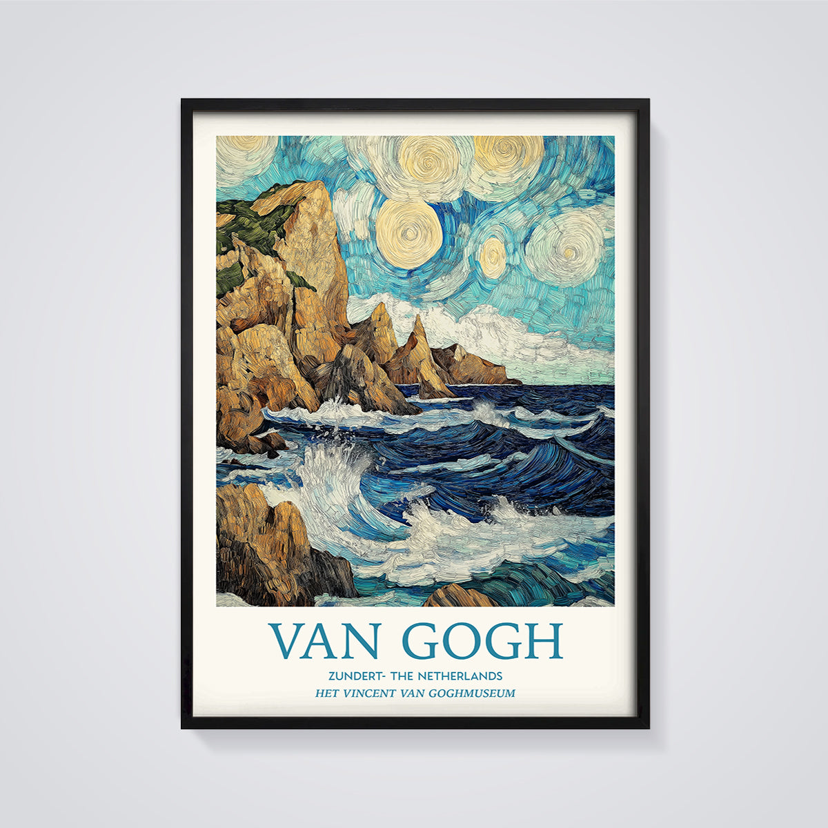 Van Gogh Coastline Waves Print framed in black on a grey background