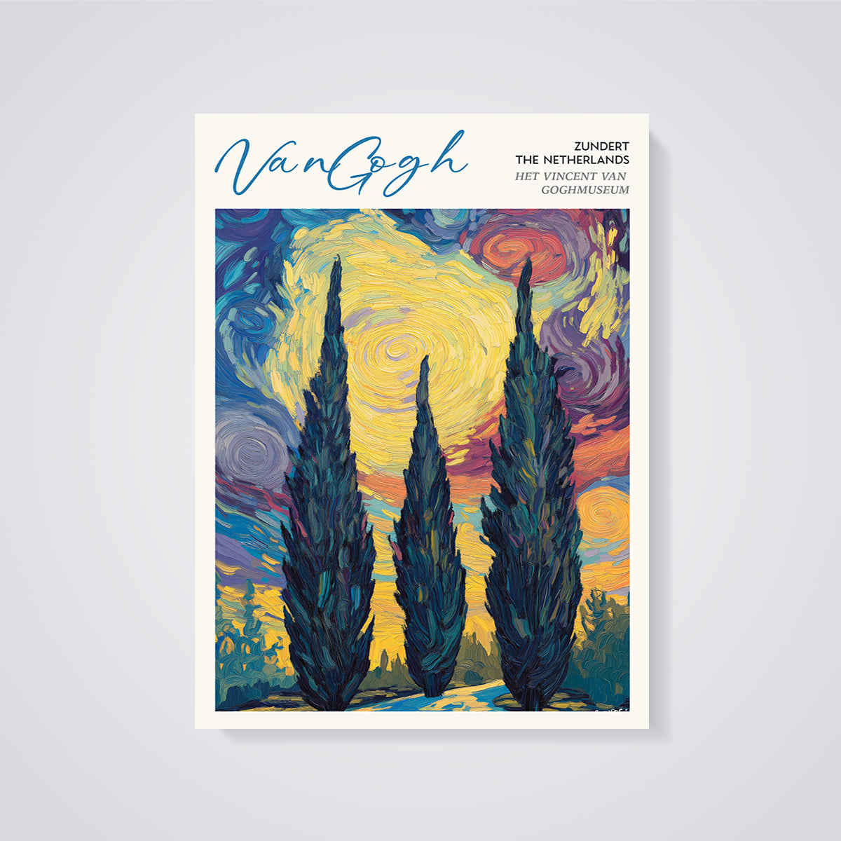 Van Gogh Cypress Night Print unframed on a grey background