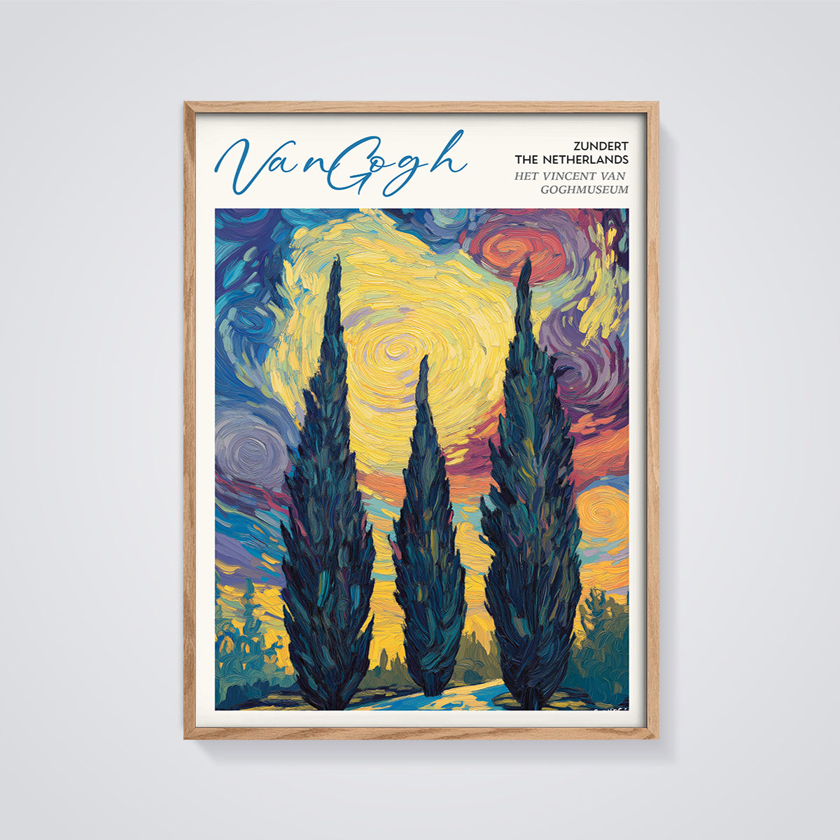 Van Gogh Cypress Night Print framed in oak on a grey background