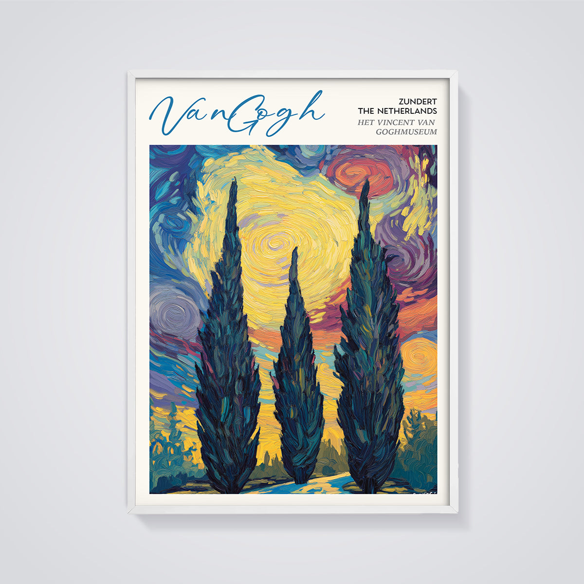Van Gogh Cypress Night Print framed in white on a grey background