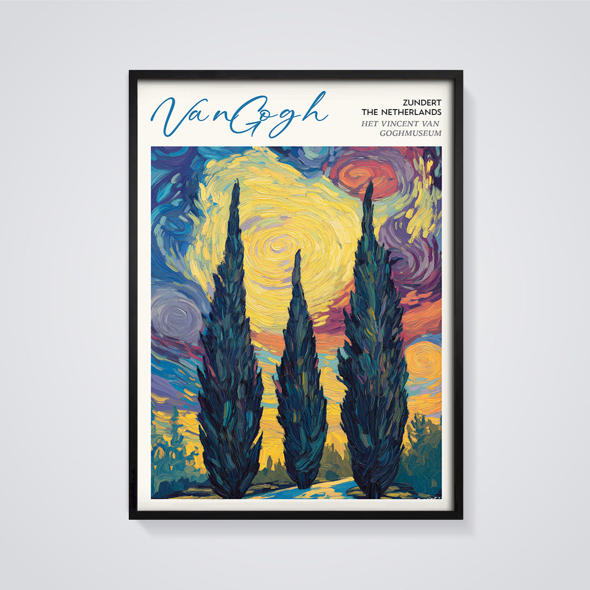 Van Gogh Cypress Night Print framed in black on a grey background