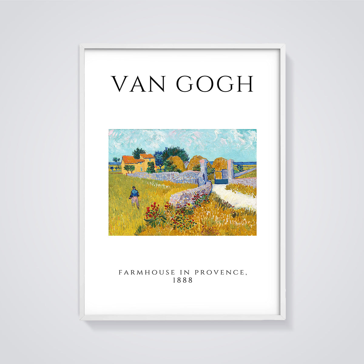 Van Gogh Farmhouse in Provence Print framed in white on a grey background