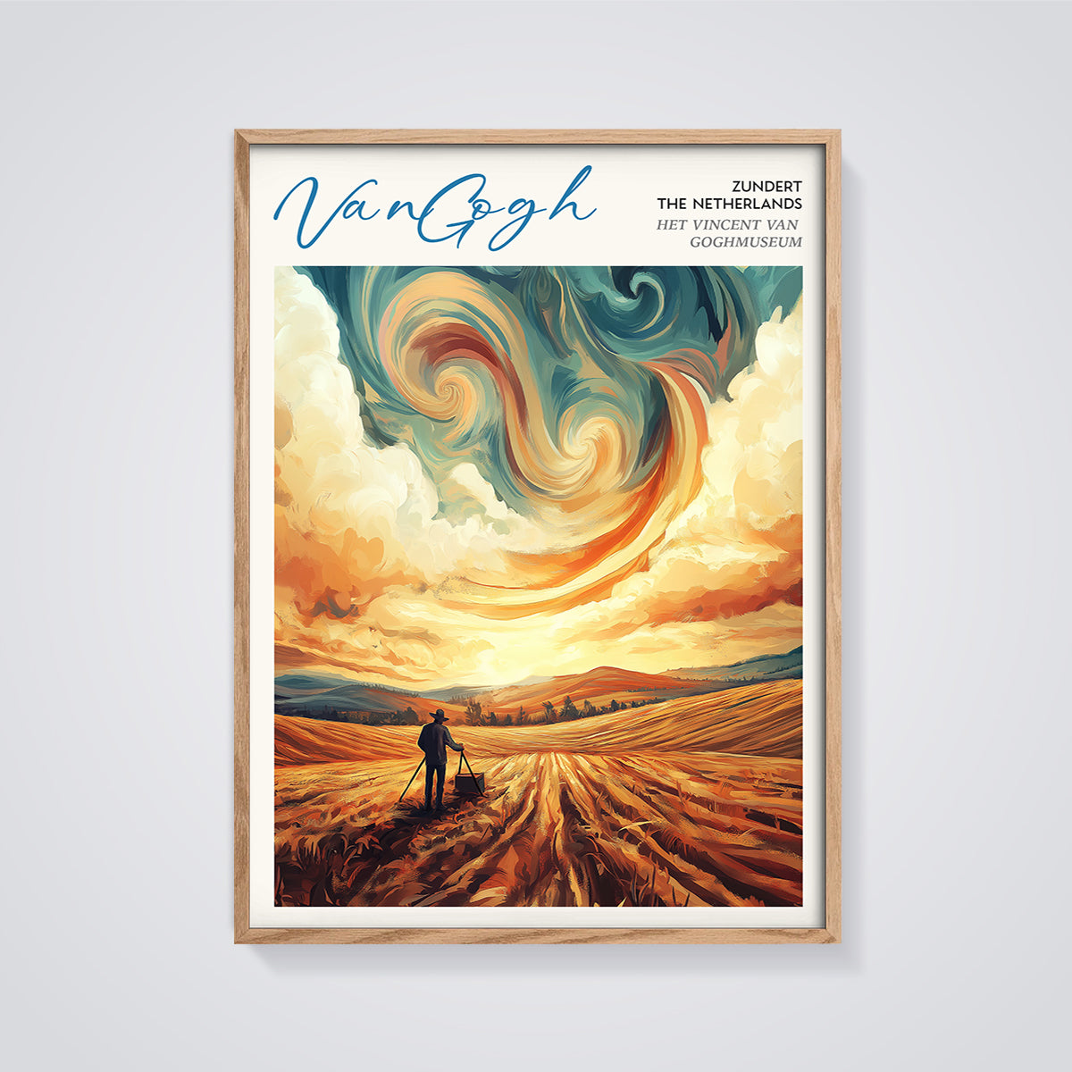Van Gogh Field Artist Print framed in oak on a grey background