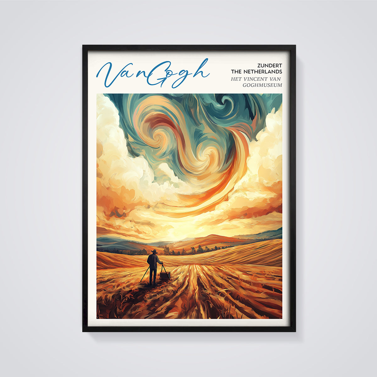 Van Gogh Field Artist Print framed in black on a grey background