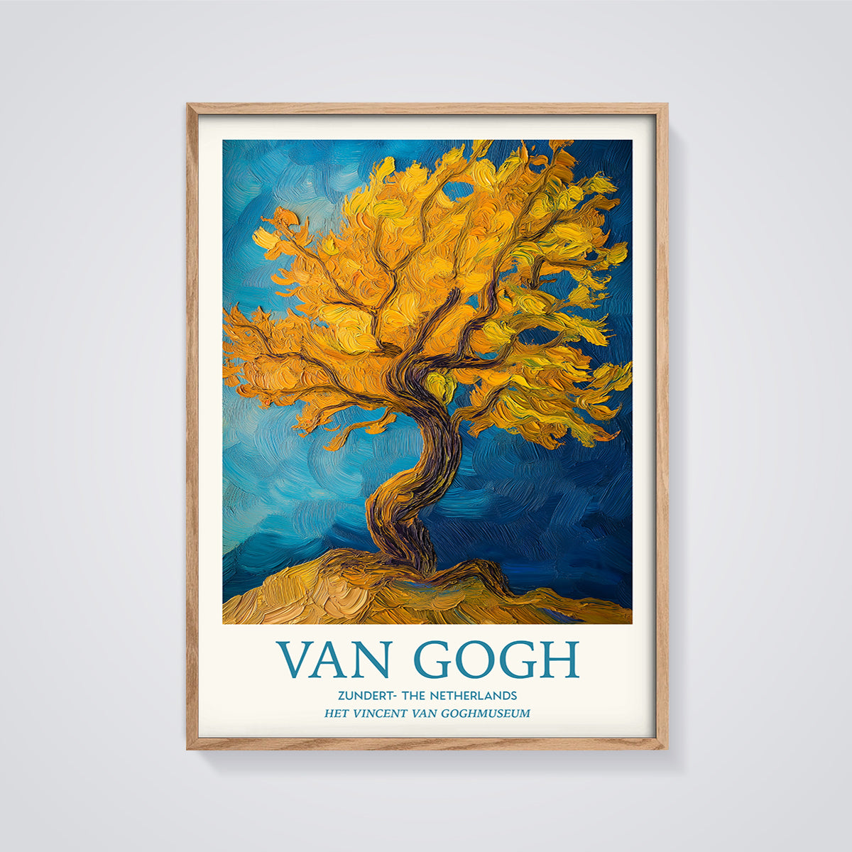 Van Gogh Golden Tree Print framed in oak on a grey background