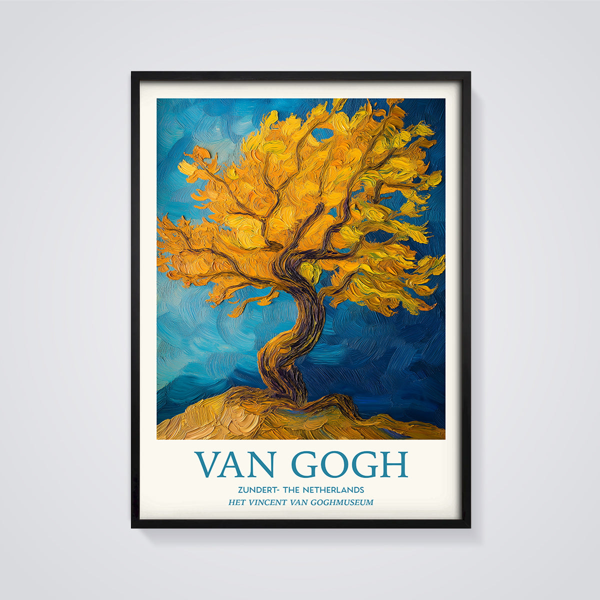 Van Gogh Golden Tree Print framed in black on a grey background