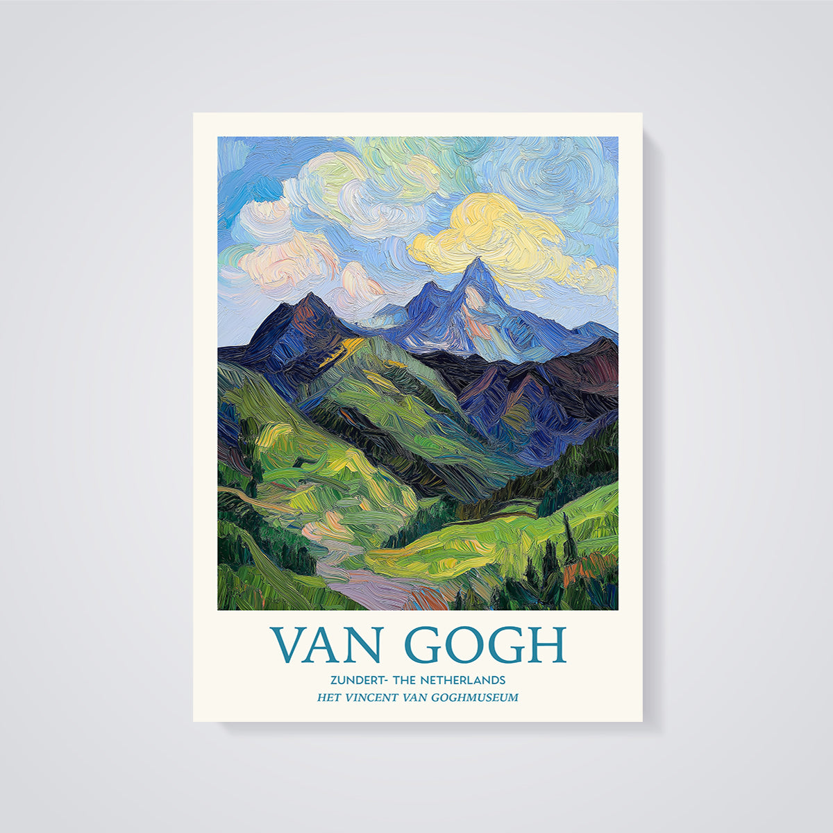 Van Gogh Impasto Mountain Landscape Print unframed on a grey background