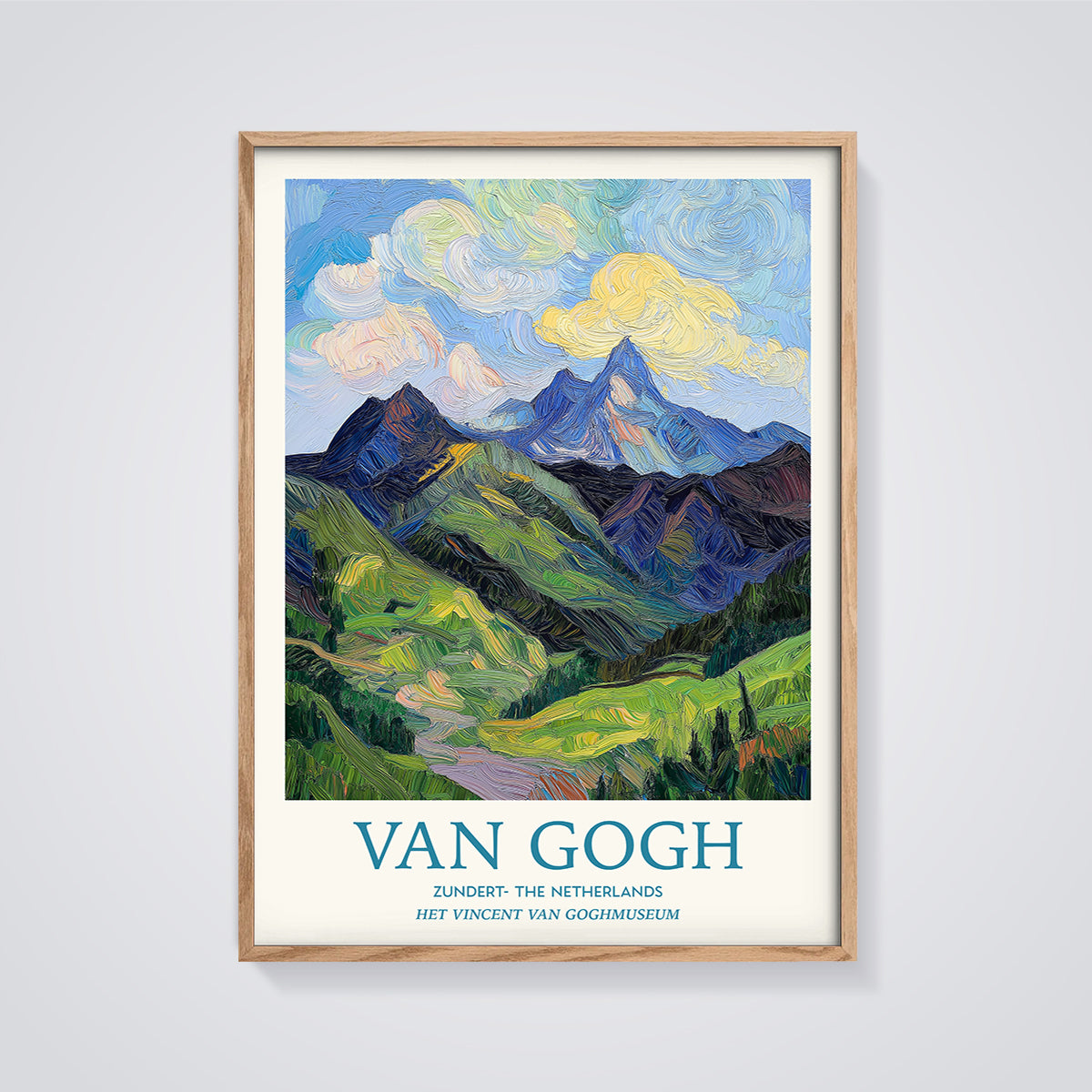 Van Gogh Impasto Mountain Landscape Print framed in oak on a grey background