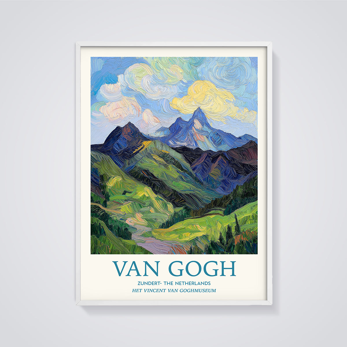 Van Gogh Impasto Mountain Landscape Print framed in white on a grey background