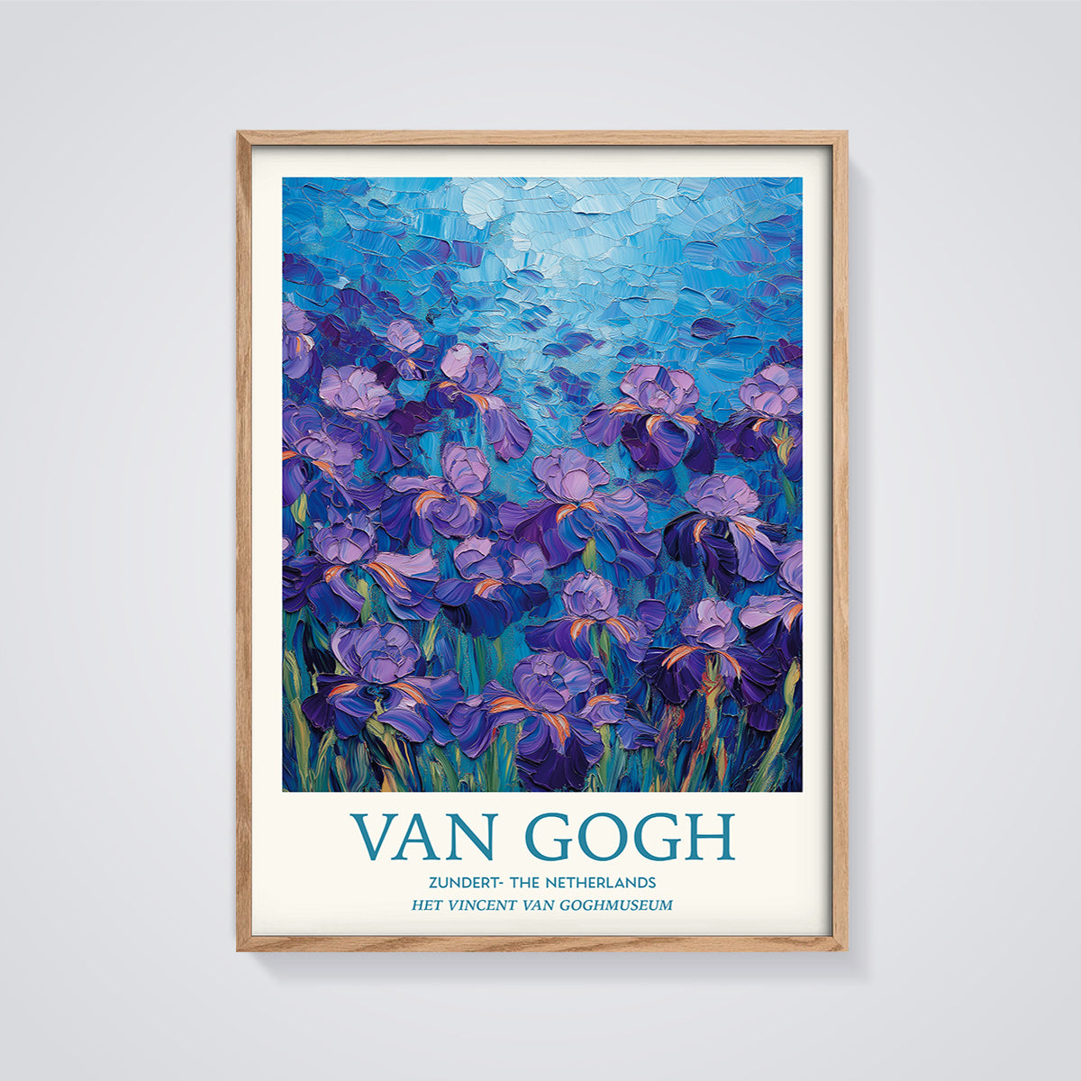 Van Gogh Irises Print framed in oak on a grey background