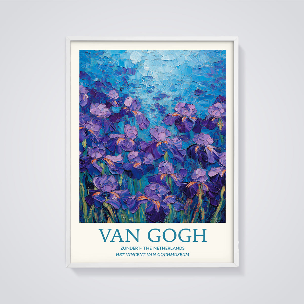 Van Gogh Irises Print framed in white on a grey background