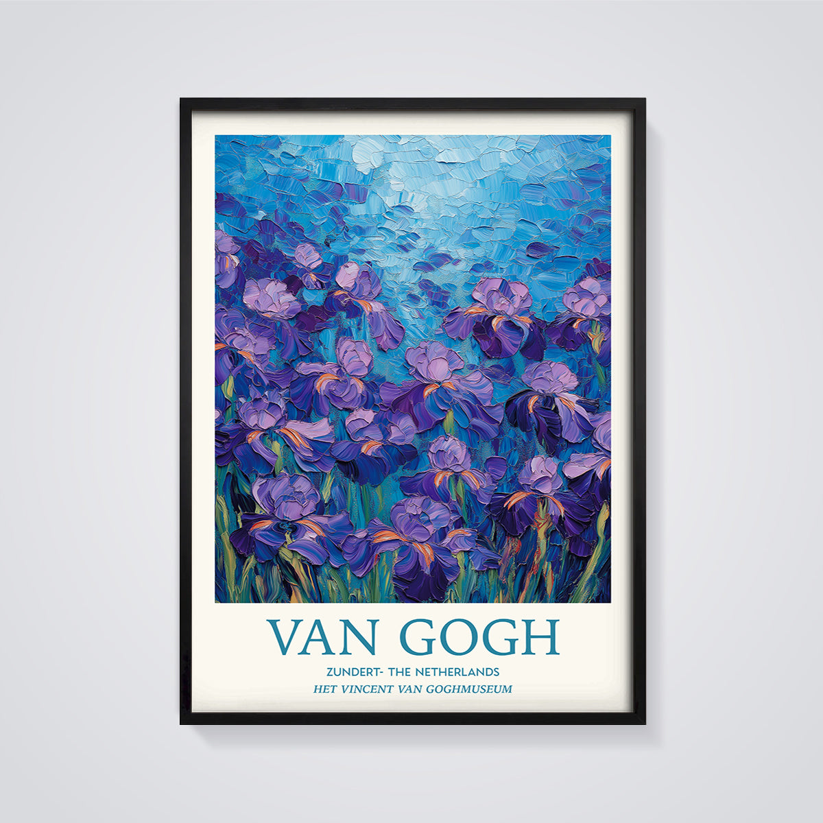 Van Gogh Irises Print framed in black on a grey background
