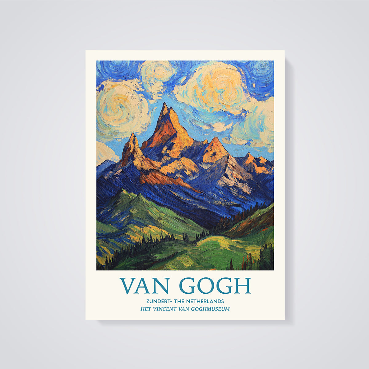 Van Gogh Mountain View Print unframed on a grey background