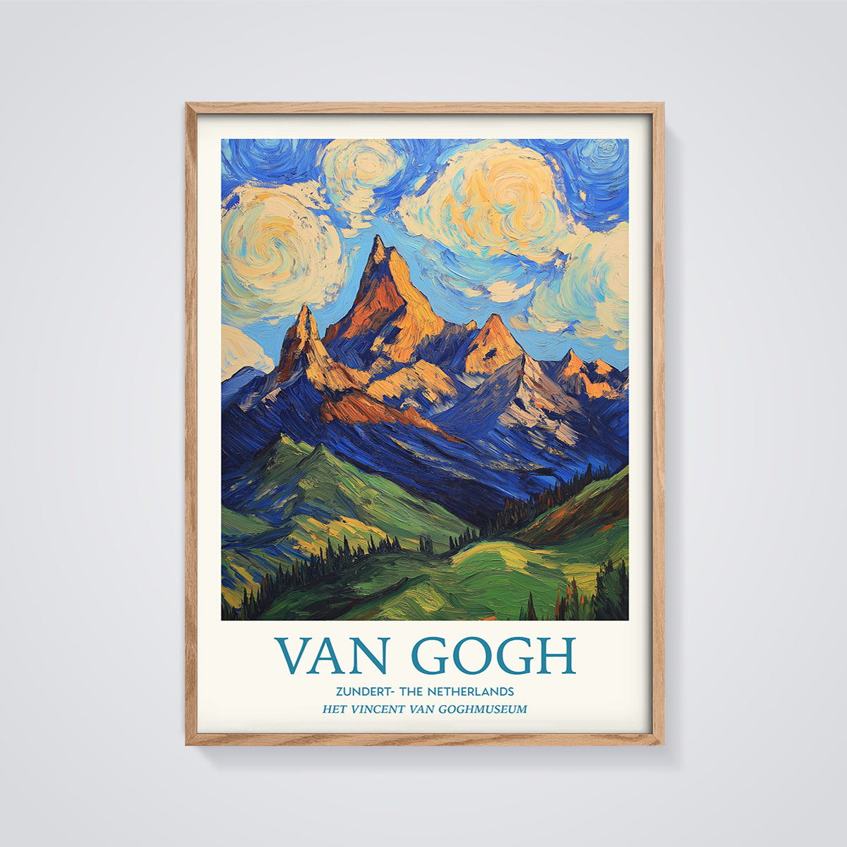 Van Gogh Mountain View Print framed in oak on a grey background