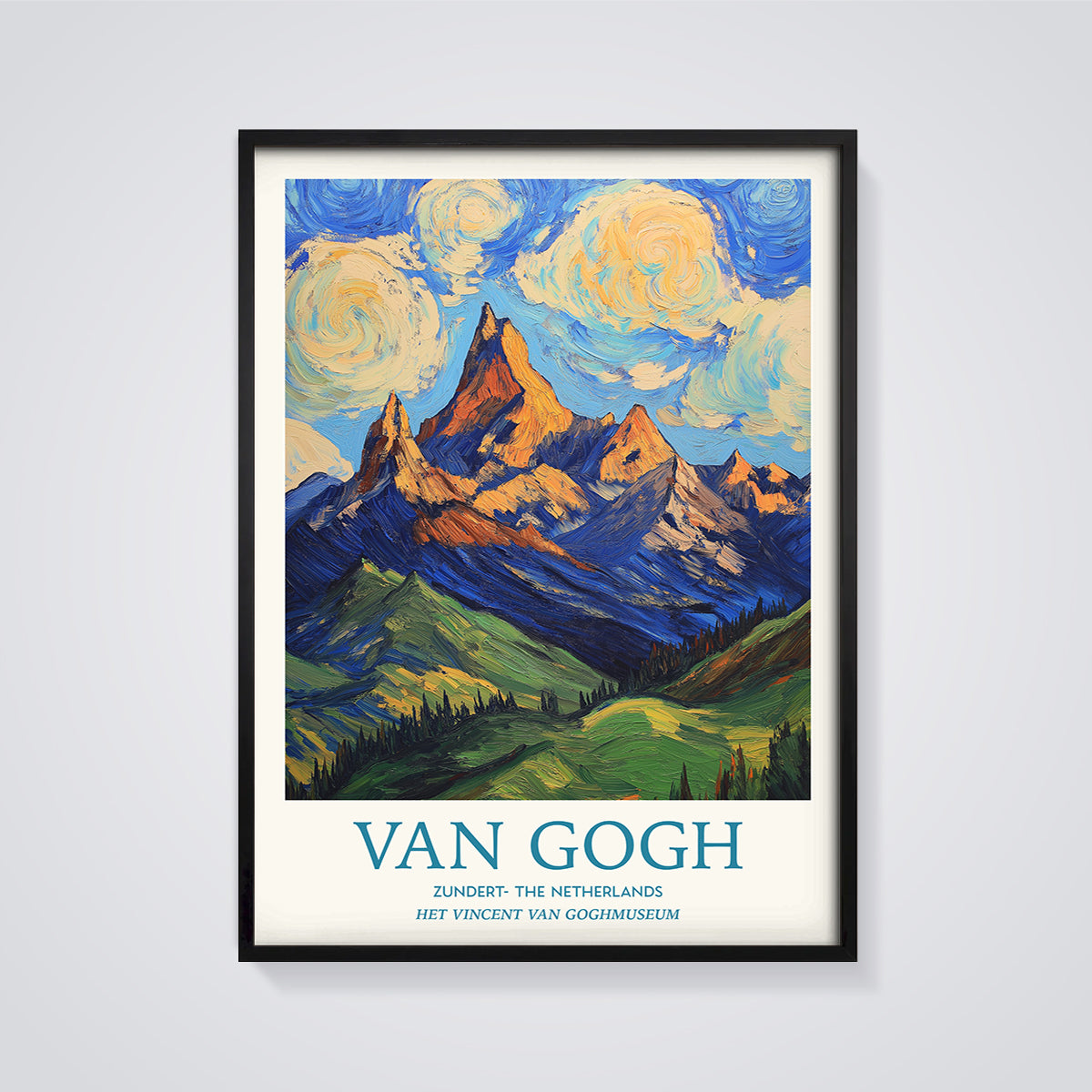 Van Gogh Mountain View Print framed in black on a grey background