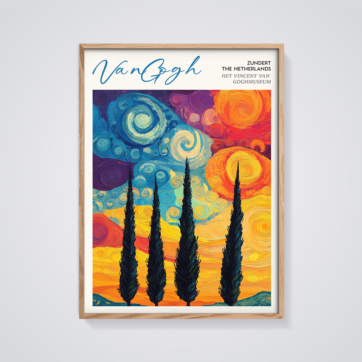 Van Gogh Museum Cypress Night Print framed in oak on a grey background