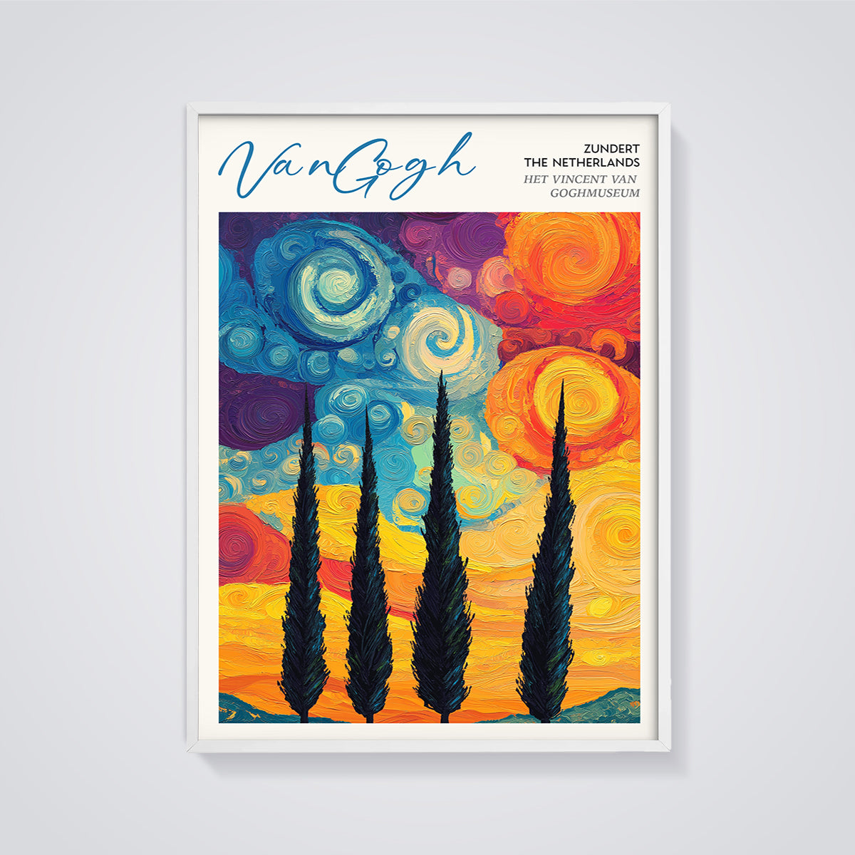 Van Gogh Museum Cypress Night Print framed in white on a grey background