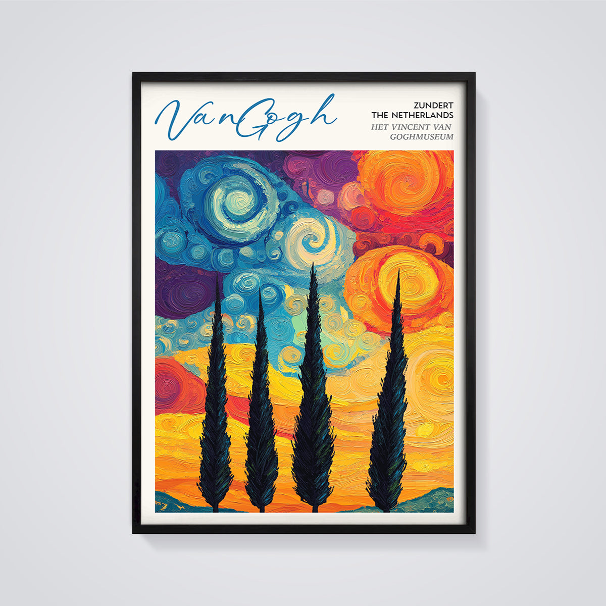 Van Gogh Museum Cypress Night Print framed in black on a grey background