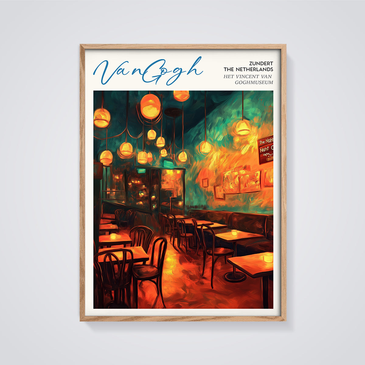 Van Gogh Night Cafe Interior Print framed in oak on a grey background