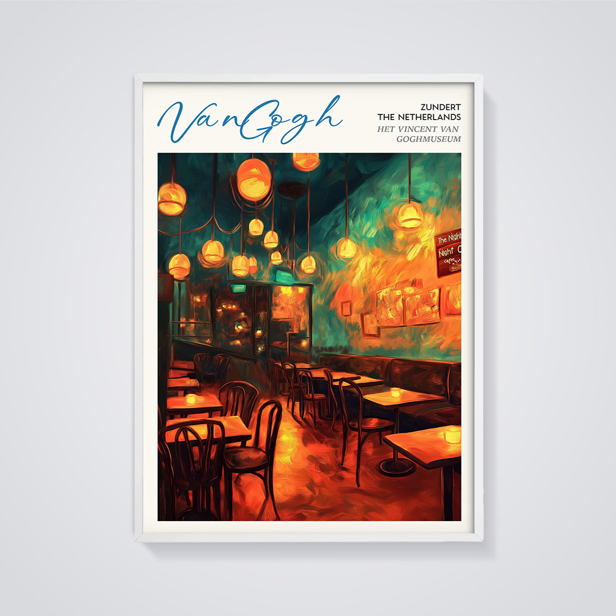Van Gogh Night Cafe Interior Print framed in white on a grey background