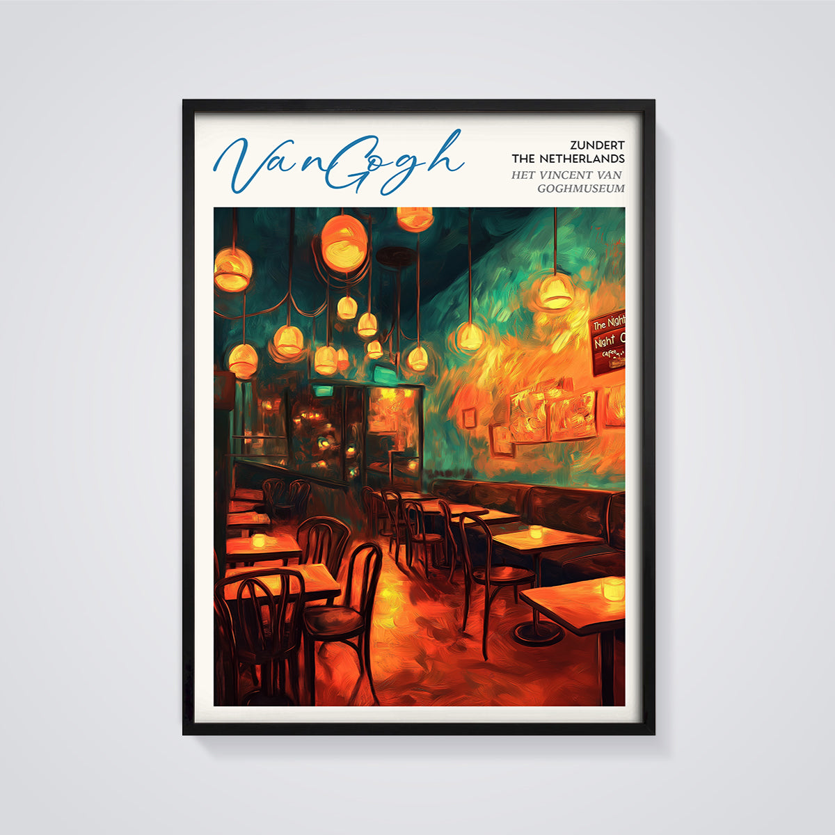 Van Gogh Night Cafe Interior Print framed in black on a grey background
