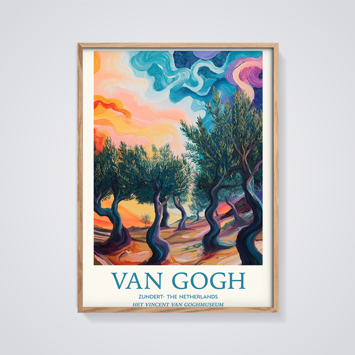 Van Gogh Olive Trees Print framed in oak on a grey background