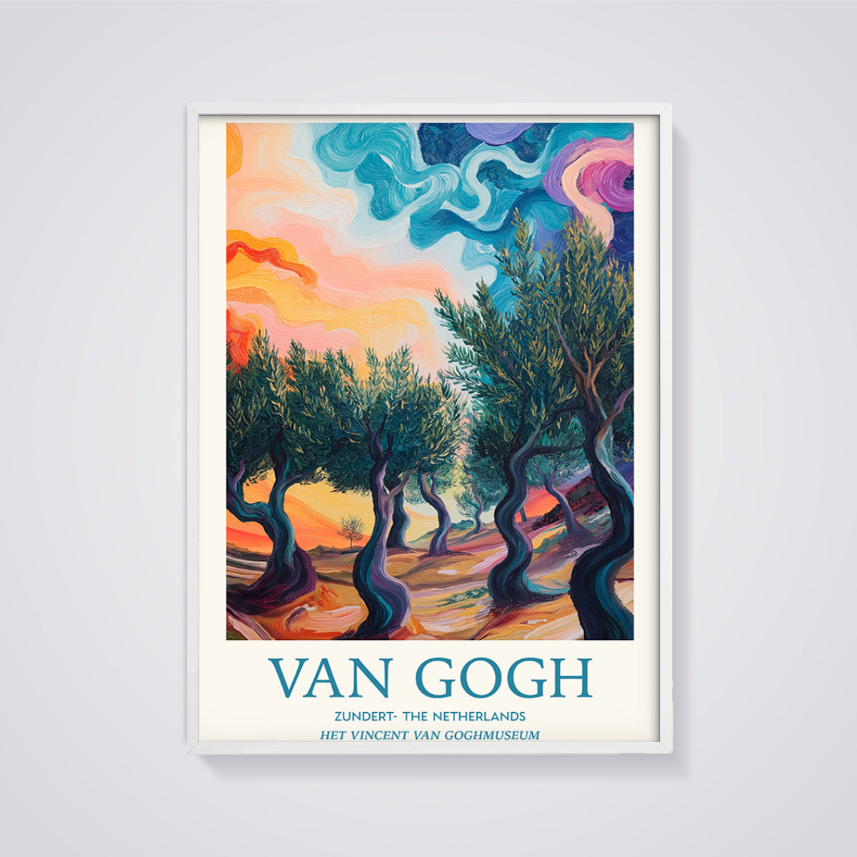 Van Gogh Olive Trees Print framed in white on a grey background