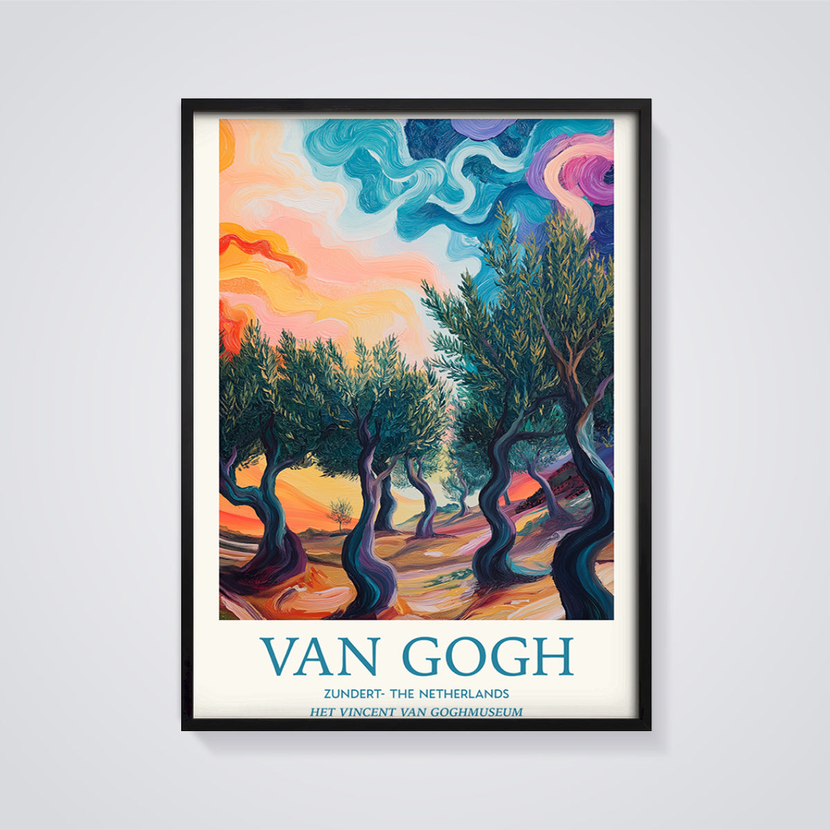 Van Gogh Olive Trees Print framed in black on a grey background