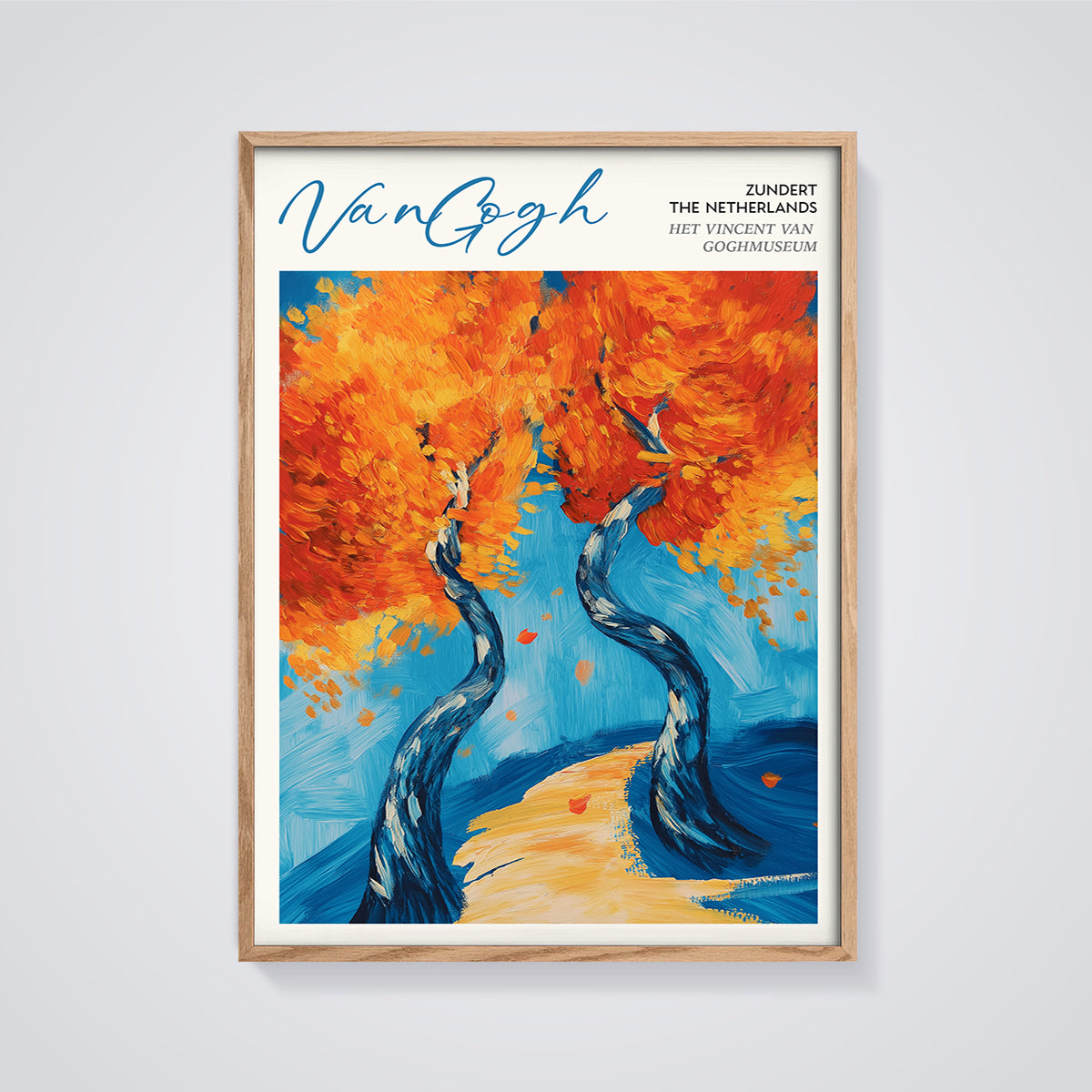 Van Gogh Orange Trees Print framed in oak on a grey background