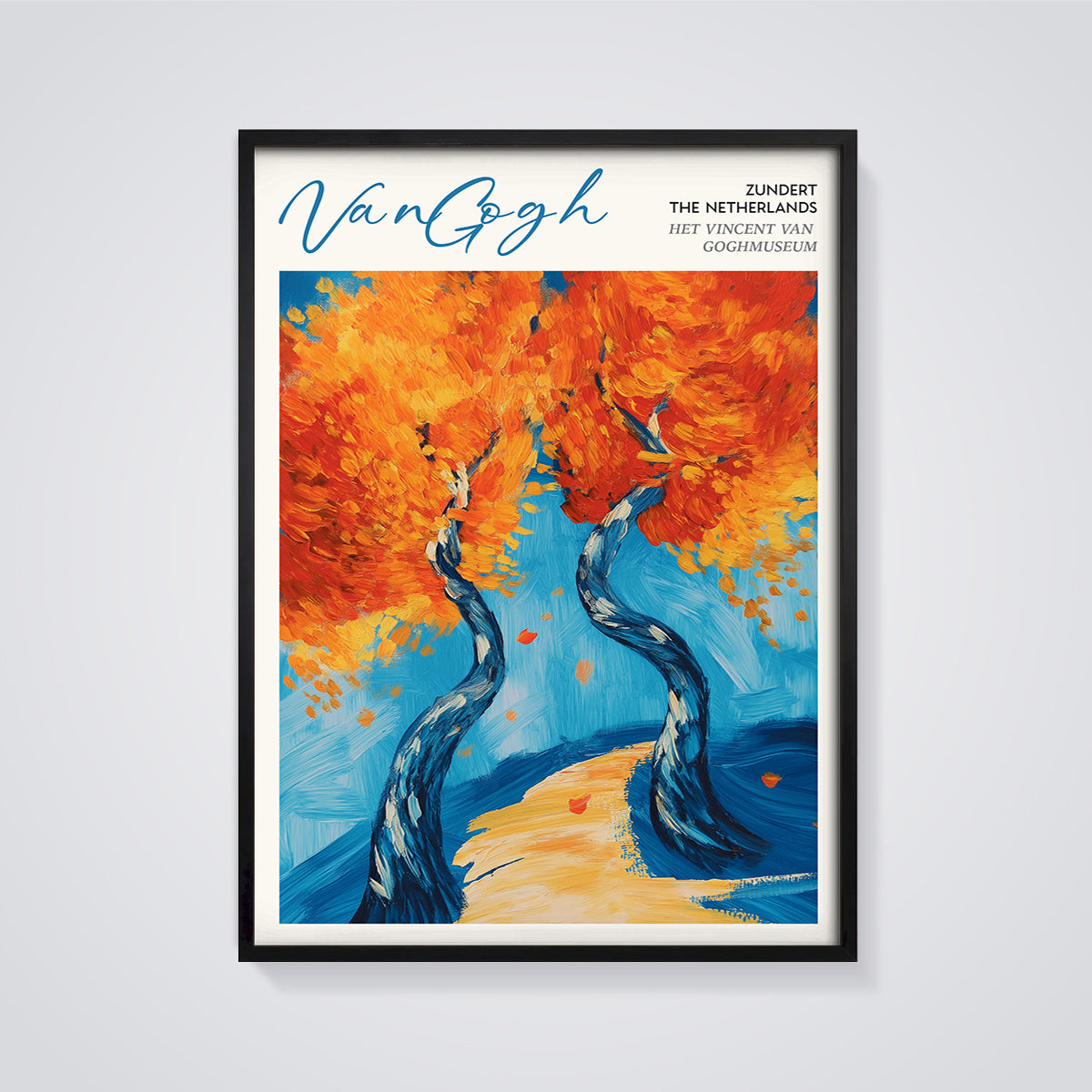 Van Gogh Orange Trees Print framed in black on a grey background