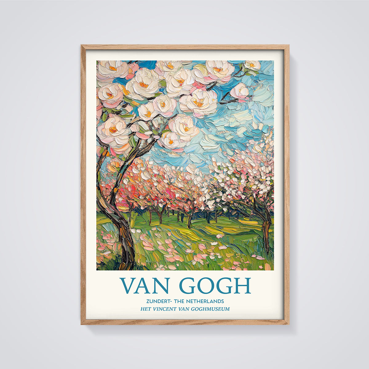 Van Gogh Orchard Blossoms Print framed in oak on a grey background