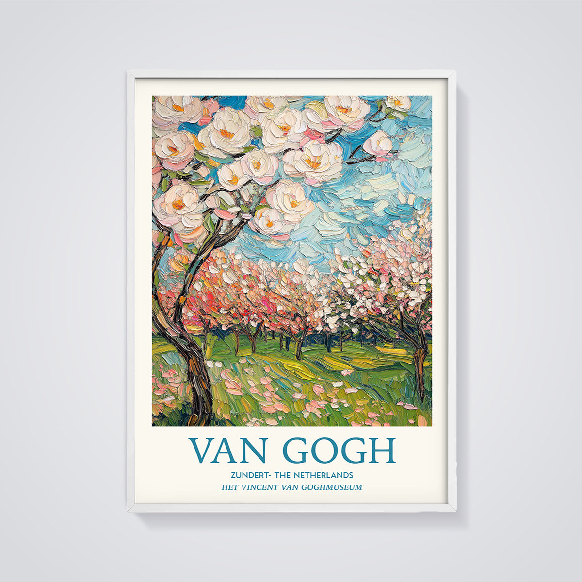 Van Gogh Orchard Blossoms Print framed in white on a grey background