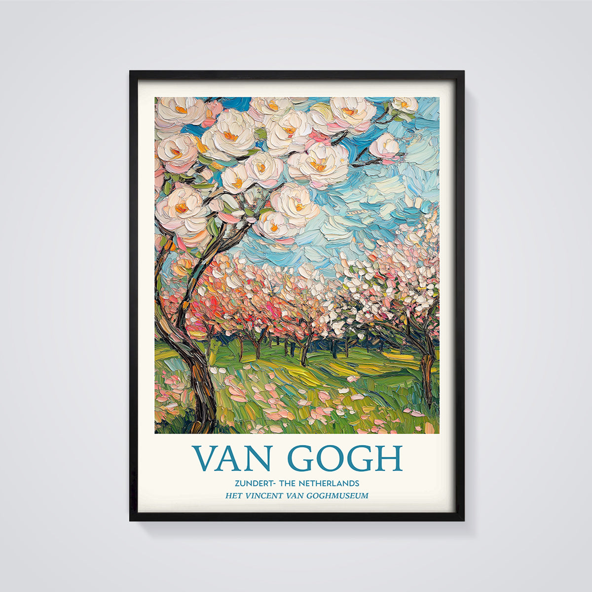 Van Gogh Orchard Blossoms Print framed in black on a grey background
