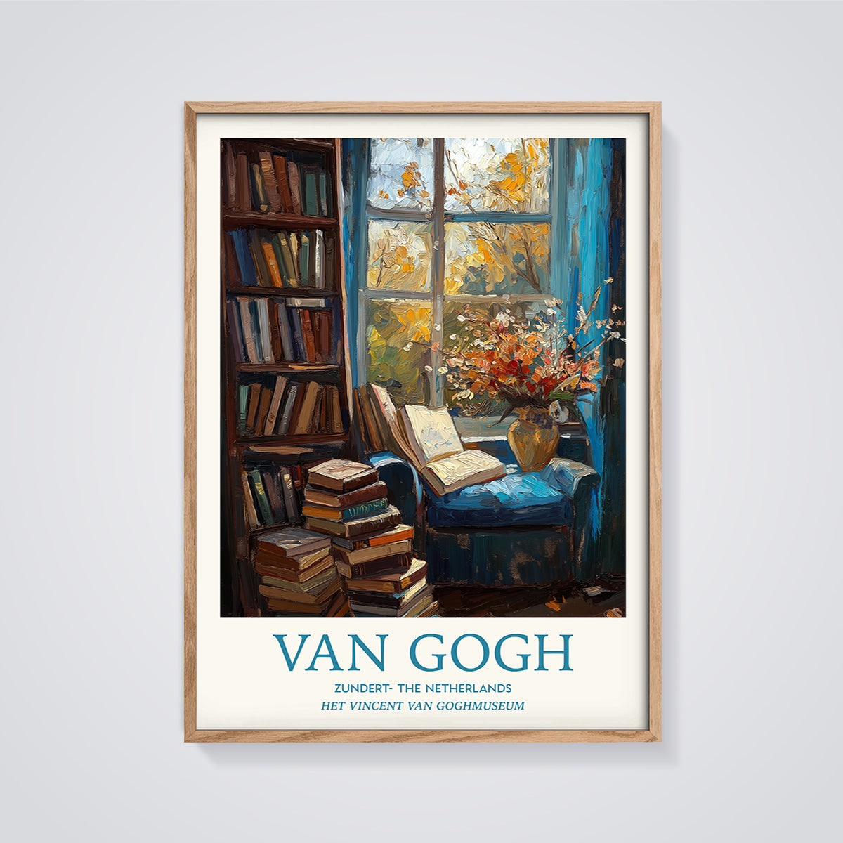 Van Gogh Reading Nook Print framed in oak on a grey background
