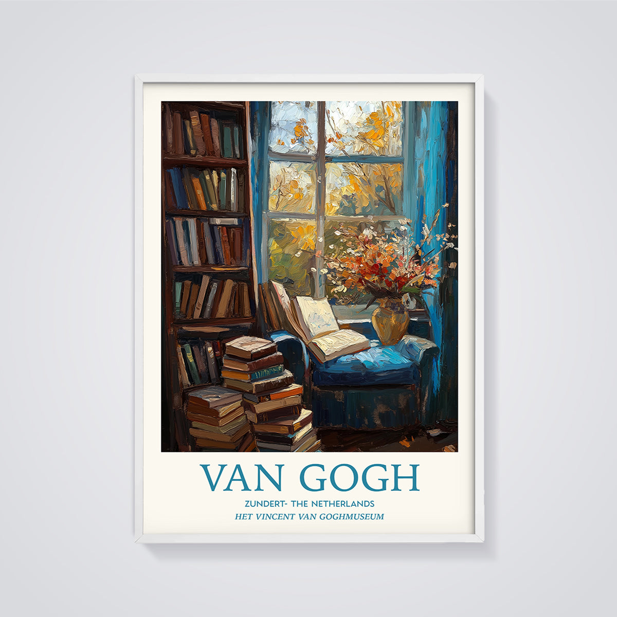 Van Gogh Reading Nook Print framed in white on a grey background