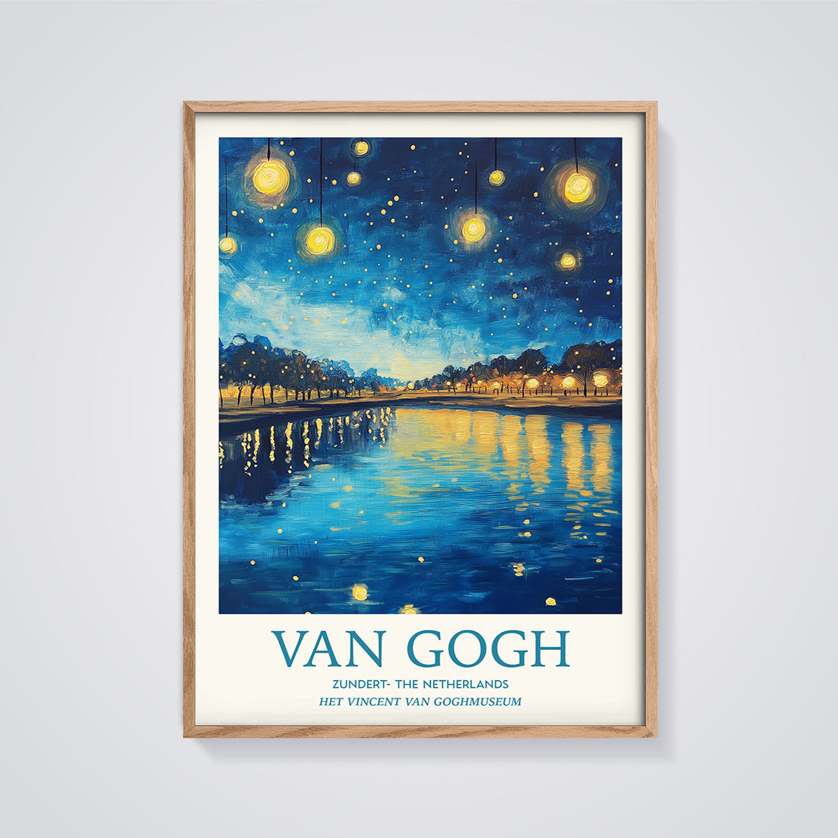 Van Gogh River of Lights Print framed in oak on a grey background