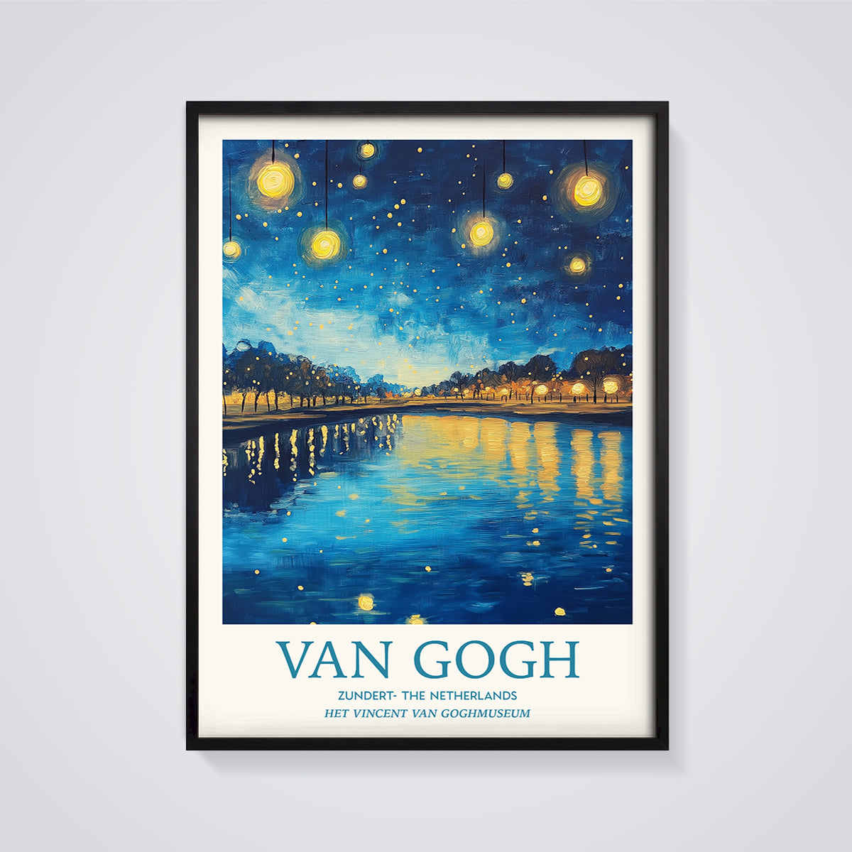 Van Gogh River of Lights Print framed in black on a grey background