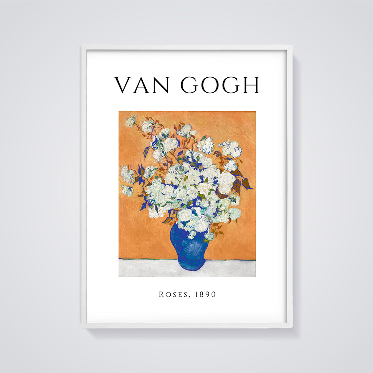 Van Gogh Roses, 1890 Print framed in white on a grey background