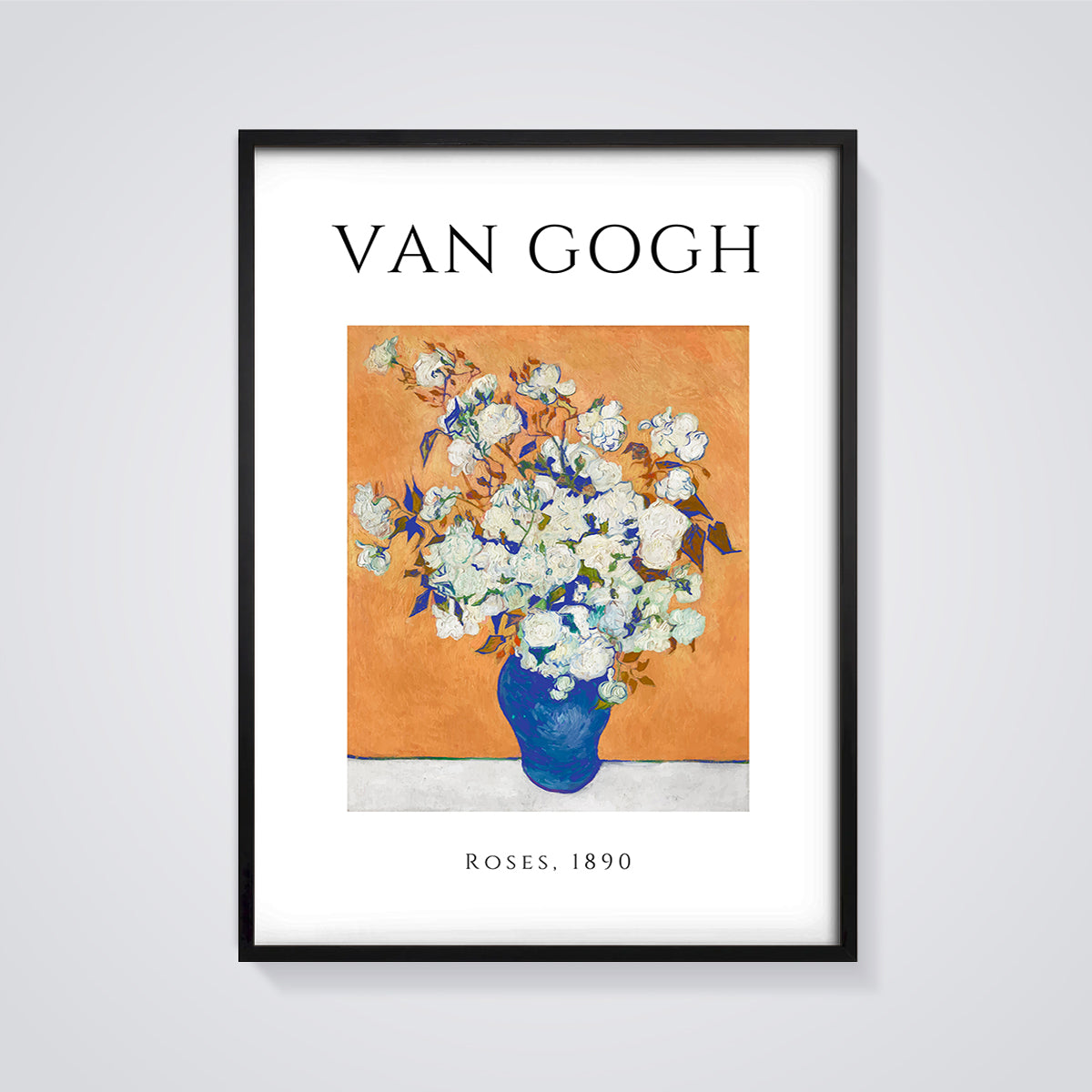 Van Gogh Roses, 1890 Print framed in black on a grey background