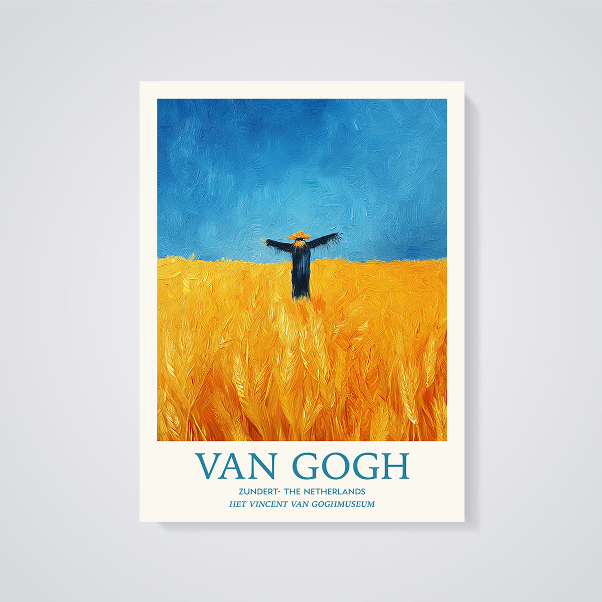 Van Gogh Scarecrow in Wheat Field Print unframed on a grey background